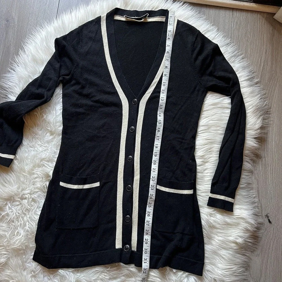 Trina Turk Cardigan Cashmere Silk Wool Black/cream Striped Pockets Sweater Sz M - Picture 6 of 9